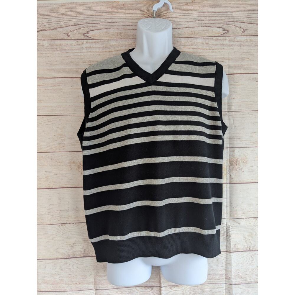 Pro Tour Vest Mens Large Gray Black Stripe Sweater Vest V Neck Cotton